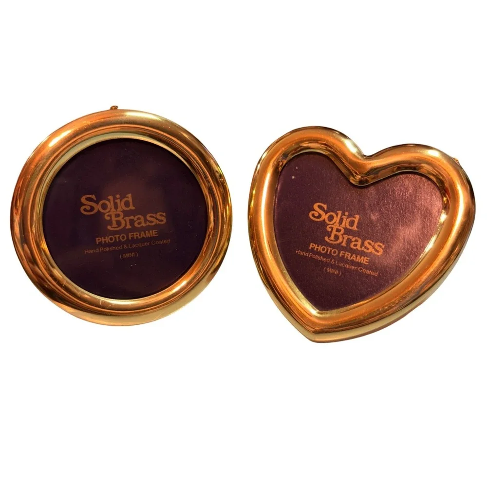 Solid Brass Mini Photo Frames Round Heart-Shaped Polished Lacquer Coated Regency